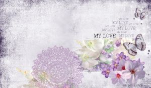 Romantic postcard concept composition of purple clematis blossom and butterflies