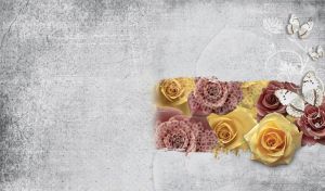 Romantic postcard concept composition of toffee and yellow roses and butterflies