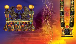 Tutankhamun pectoral necklace with jewels and golden winged scarab on orange navy