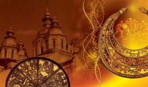 A Scythian treasure pectoral and golden disk on brown to yellow gradient