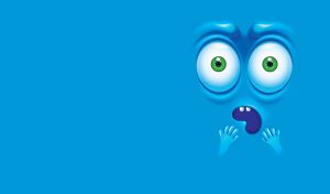 Shocked cartoon face with wide open eyes on a blue background is freaking out
