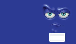 Assertive cartoon face with a raised eyebrow on a navy backdrop