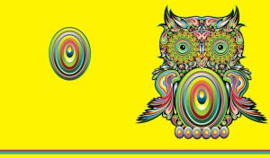 Psychedelic art of an owl on a yellow backdrop