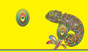 Psychedelic art of a chameleon on a yellow backdrop