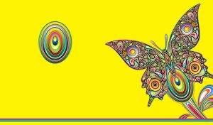 Psychedelic art of a butterfly on a yellow backdrop