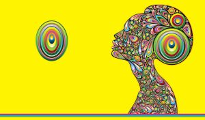 Psychedelic art of a female profile on a yellow backdrop