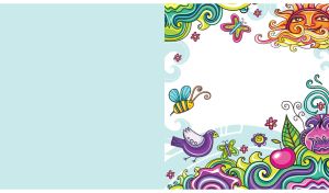 Colorful folk art sun, bird and plants on a white and pastel teal backdrop