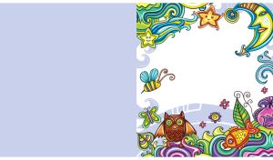 Colorful folk art crescent, stars, and owl on a white and pastel blue-gray backdrop