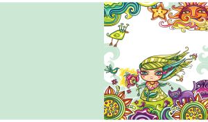 Colorful folk art spring fairy, sunflowers and birds on pastel green backdrop