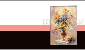 Oil painting of irises and cornflowers in a vase on pastel red, black and white