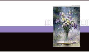 Oil painting of irises on a table by a fence on violet, black and white