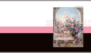 Oil painting of roses in vase in an arched window niche on pink, black and white