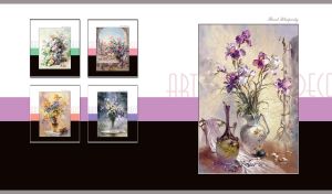 Oil painting of irises and two vintage vases on pink, black and white stripes