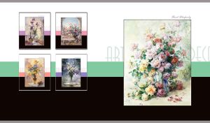 Oil painting of pastel roses in a vase on green, black and white