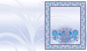 Petrykivka painting in a floral frame on pastel blue and white