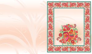 Petrykivka painting in a floral frame on pastel pink and white