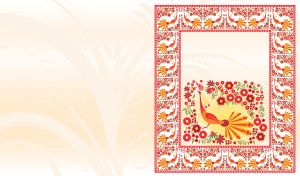 Petrykivka painting in a floral frame on pastel beige and white