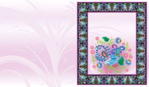 Petrykivka painting in a floral frame on pastel purple and white