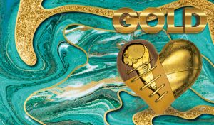 Gold steampunk heart on gold and teal marble background