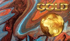 Gold football globe on red and blue marble background