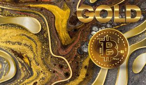 Gold bitcoin on gold and brown marble background