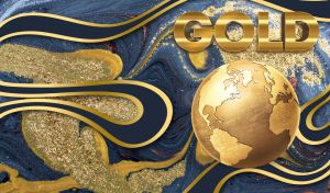 Gold Earth on gold and navy blue marble background