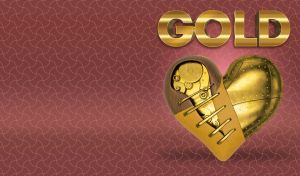 Gold steampunk heart against art deco golden geometric pattern on wine red