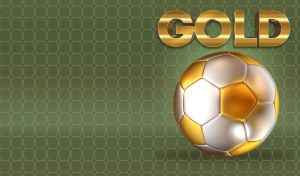 Gold football against art deco golden geometric pattern on olive green