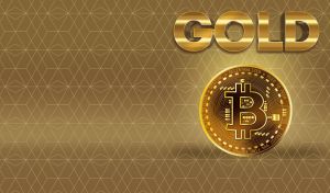 Gold bitcoin against art deco golden geometric pattern on golden brown
