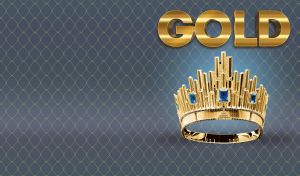 Gold crown against art deco golden geometric pattern on pastel navy-grey