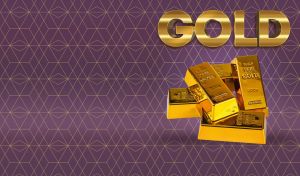 Gold bars against art deco golden geometric pattern on purple