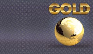 Gold Earth against art deco golden geometric pattern on purple-navy