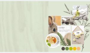 Cozy spring collage with chamomiles and a rabbit on pastel green