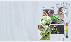 Cozy spring collage with green tea and a cat on pastel blue