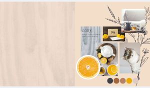 Cozy autumn collage with lemon tea and a cat on pastel beige