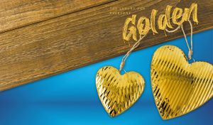 Golden heart-shaped pedants hang on wooden planks on a blue backdrop