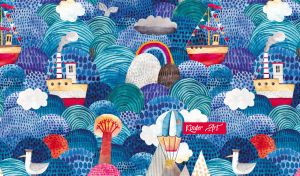 Colorful watercolor sea with whimsical ships on navy blue