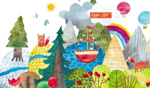 Colorful watercolor landscape with a boat on a lake in a forest on white