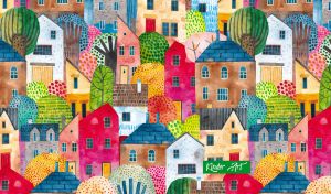 Colorful watercolor cityscape with whimsical houses in multicolor shades
