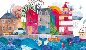 Colorful watercolor town by the sea on white
