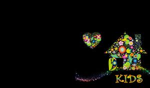 Small house with chimney and a heart, made of flower shapes on a black background