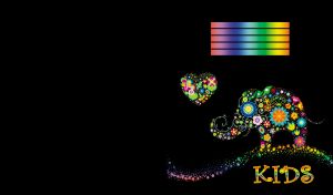 Elephant and a heart over him, made of flower shapes on a black background