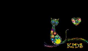 Cat and a heart to the right, made of flower shapes on a black background