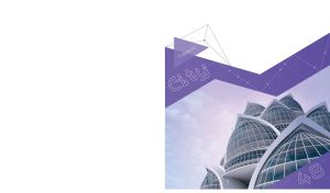 Futuristic domes on a violet geometric patterned backdrop on white