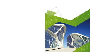 Futuristic expo style buildings on a green geometric patterned backdrop on white