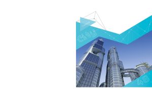 Futuristic skyscrapers on a teal geometric patterned backdrop on white