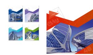 Futuristic arena style buildings on a red geometric patterned backdrop on white