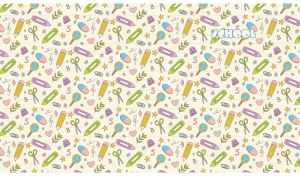 School stationery pattern set against a pastel yellow ruled paper backdrop
