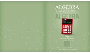 Green cover of an algebra notebook with a quote from d'Alembert and a calculator