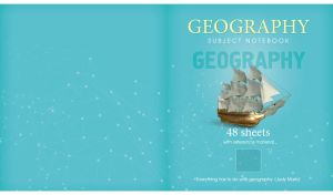 Teal cover of a geography notebook with a quote from Martz and a sailboat
